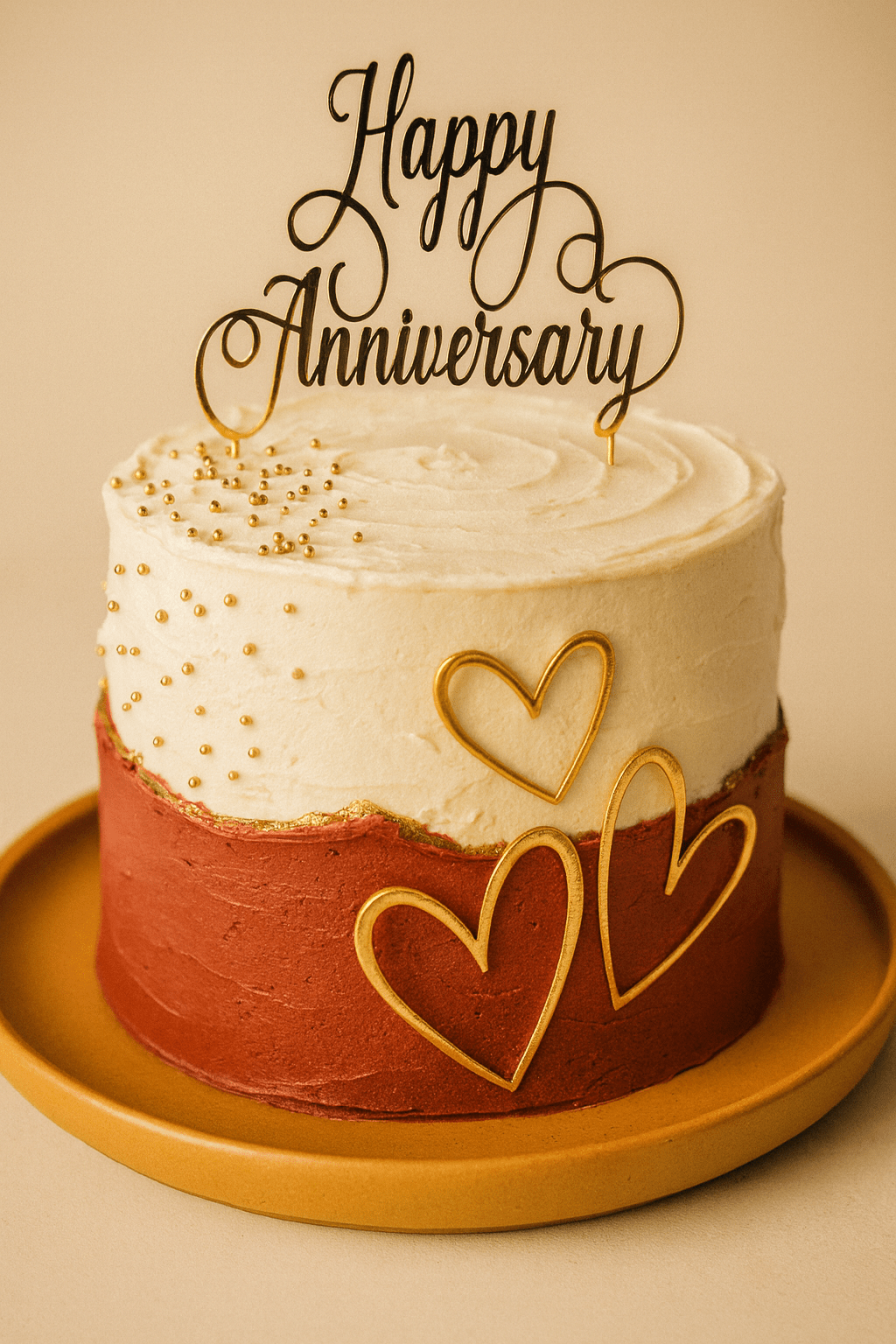 Romantic Red & White Anniversary Cake with Golden Hearts