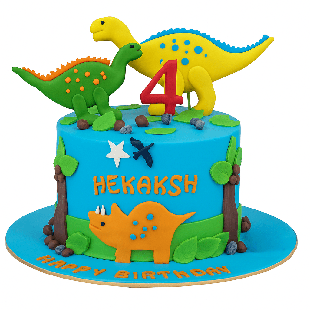 Dinosaur-Themed Fondant Birthday Cake